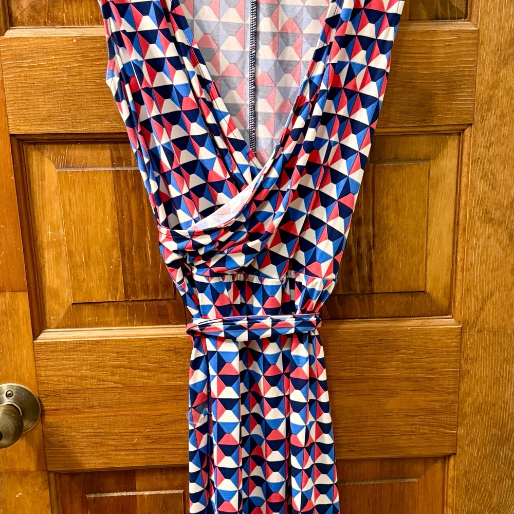 Geometric Patterned Dress in Red, Blue, and White